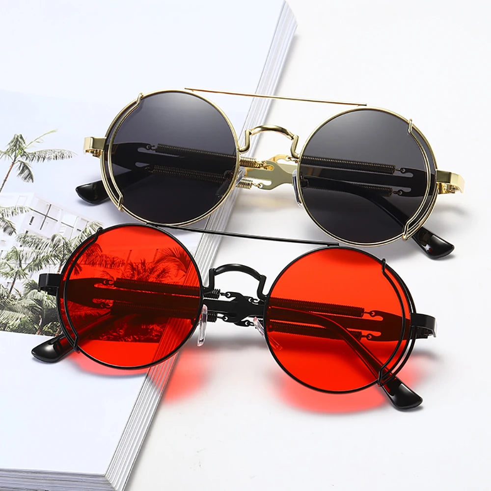 VIVIBEE Steampunk Sunglasses Men Round Red Lens Punk Sun Glasses Black Metal Gothic Style 2025 New Products Women UV400 Shades