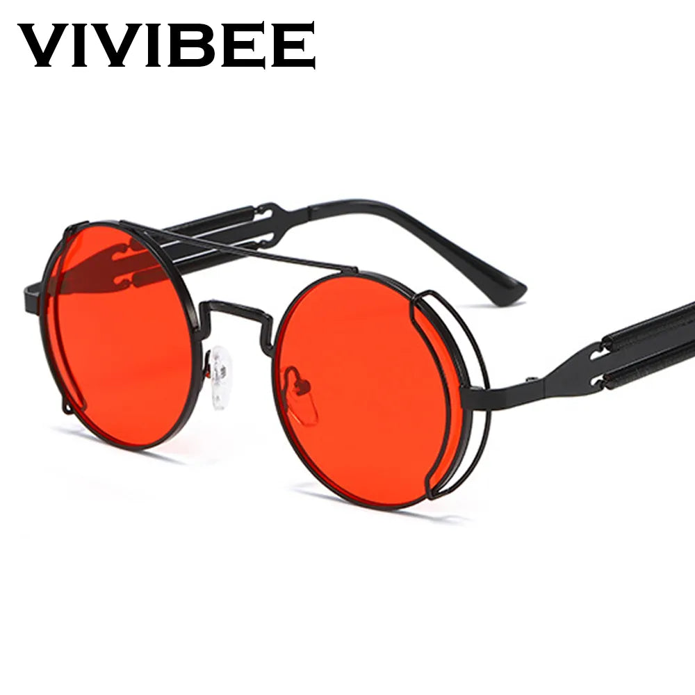 VIVIBEE Steampunk Sunglasses Men Round Red Lens Punk Sun Glasses Black Metal Gothic Style 2025 New Products Women UV400 Shades