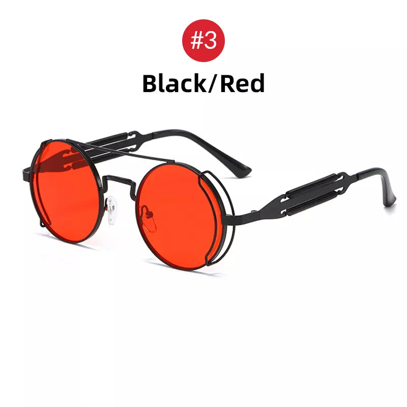 VIVIBEE Steampunk Sunglasses Men Round Red Lens Punk Sun Glasses Black Metal Gothic Style 2025 New Products Women UV400 Shades