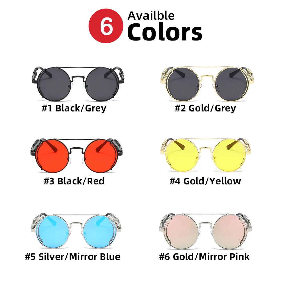 VIVIBEE Steampunk Sunglasses Men Round Red Lens Punk Sun Glasses Black Metal Gothic Style 2025 New Products Women UV400 Shades